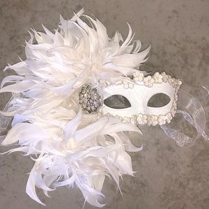 White Feather with Rhinestone Masquerade Mask